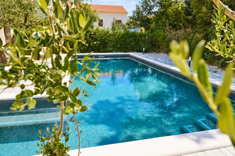 Pool water framed by garden greenery