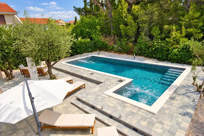Saltwater pool and garden from above