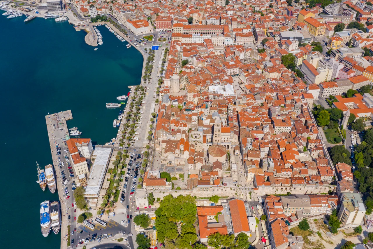 Aerial view of Diocletian’s Palace and the Riva waterfront in Split, Croatia