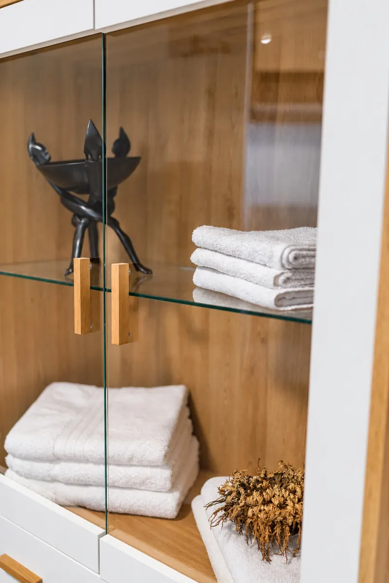 Folded towels and shower room details