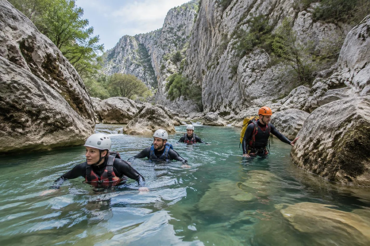 AI-generated illustration: Helmeted canyoning group in turquoise-green water between grey-white limestone walls evoking the Cetina gorge