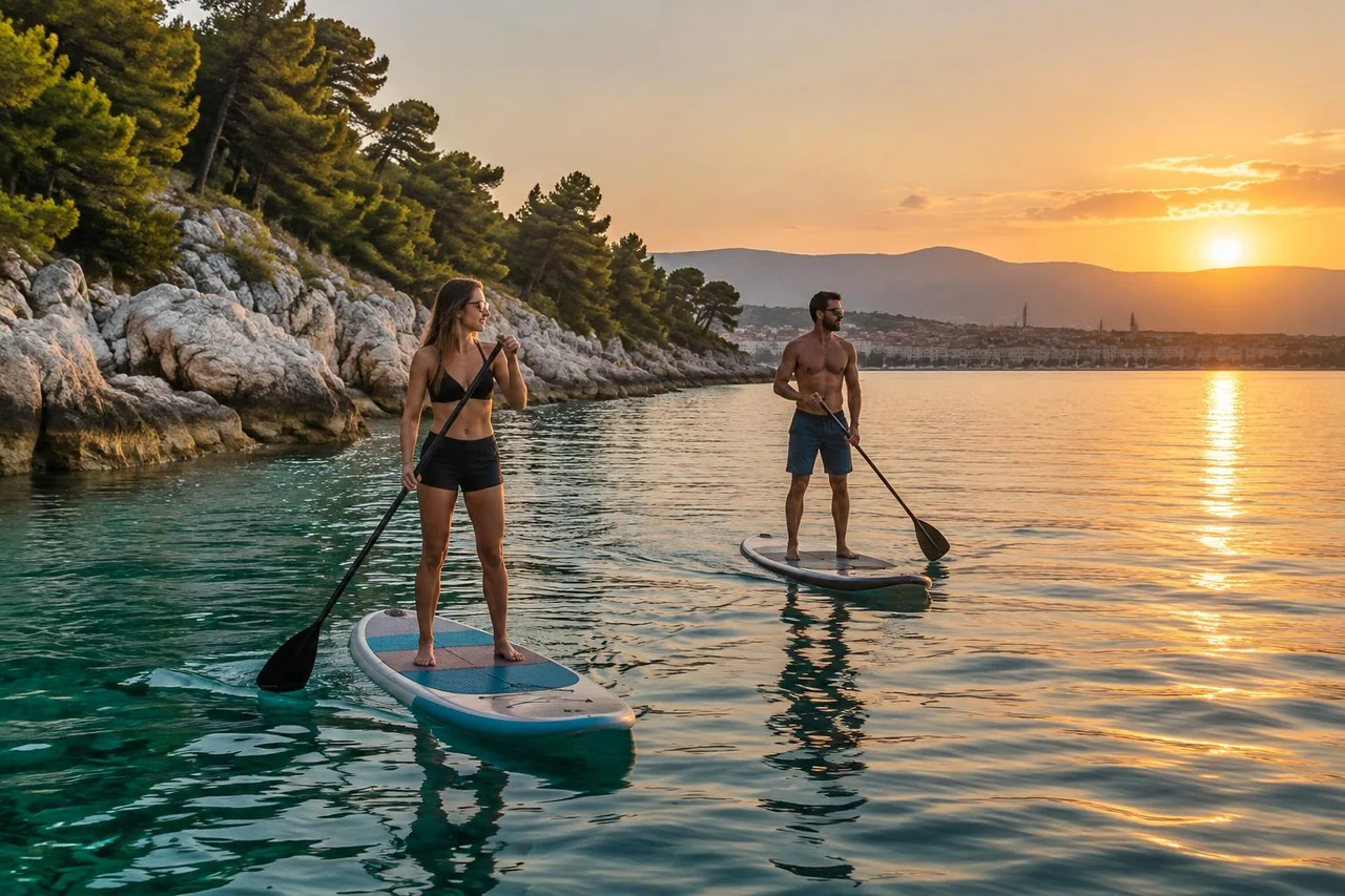 AI-generated illustration: Stand-up paddleboarders on calm Adriatic water beside a pine-covered rocky coast evoking Marjan near Split at sunset