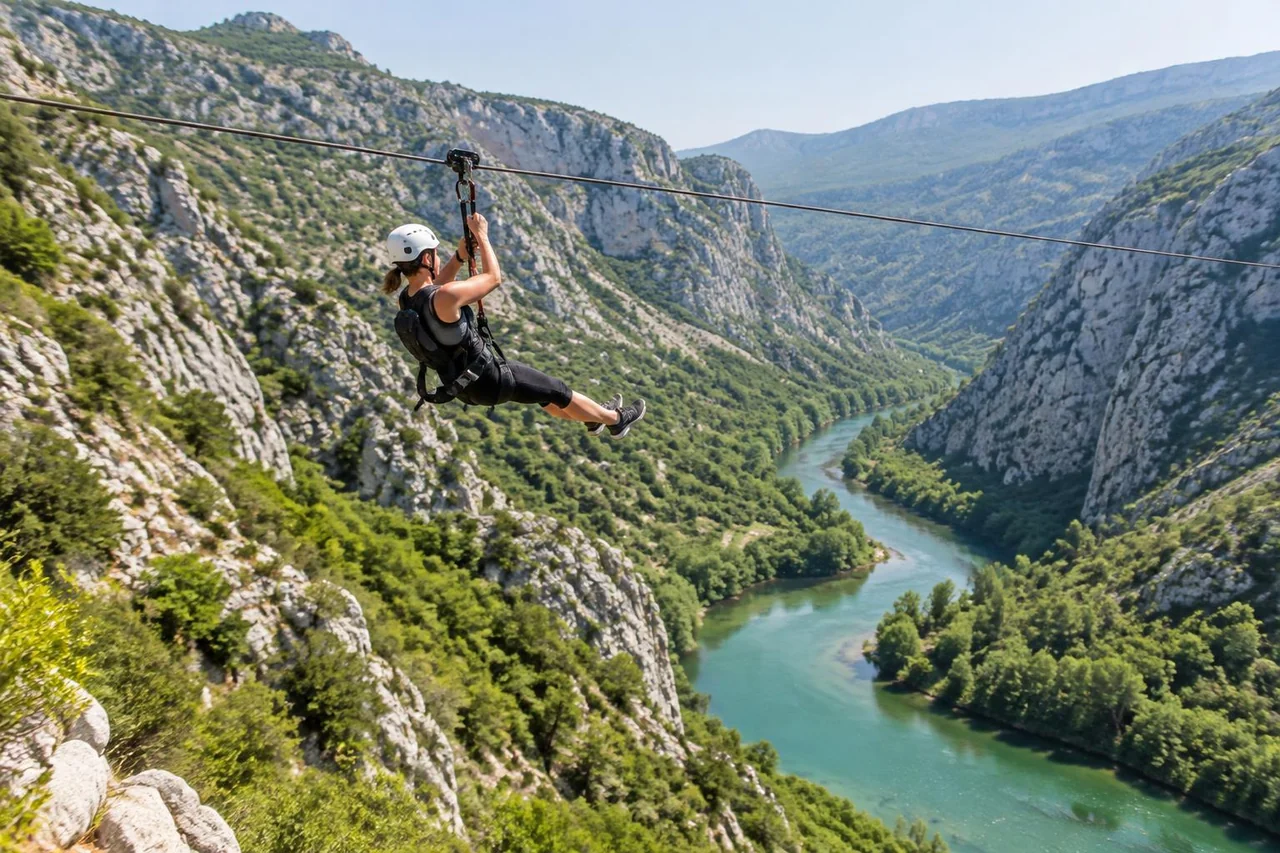 AI-generated illustration: One helmeted harnessed rider on a single cable above a green river valley and karst slopes evoking the Cetina canyon near Omiš