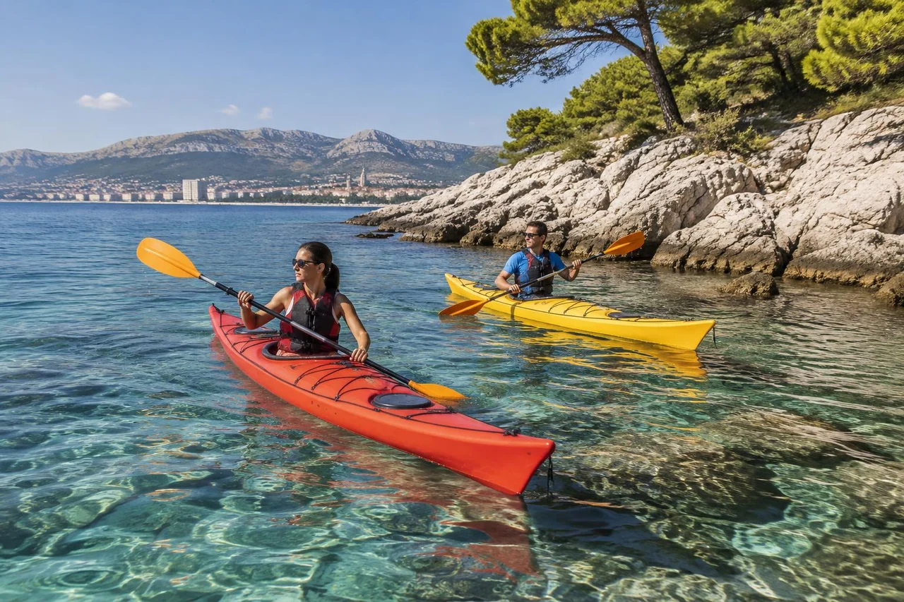 AI-generated illustration: Sea kayakers beside pine-covered pale limestone Adriatic shoreline evoking Marjan near Split