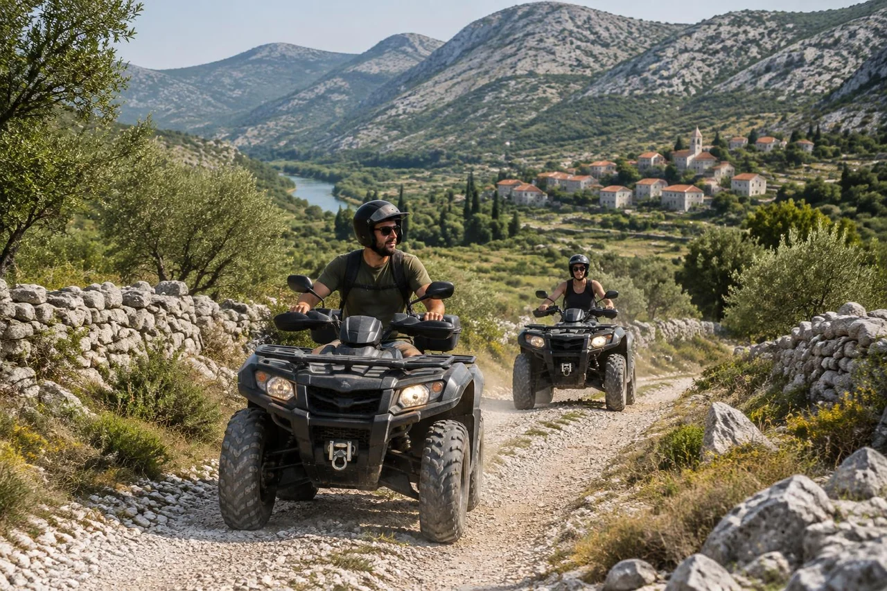 AI-generated illustration: Helmeted quad riders on a pale limestone track with olive trees and a Mediterranean village in the Dalmatian hinterland