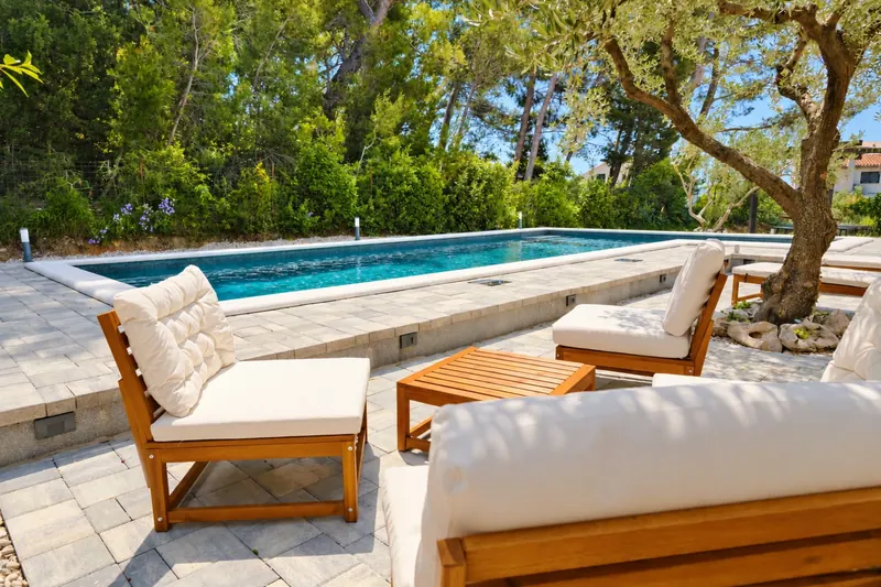 Poolside chairs beneath an olive tree