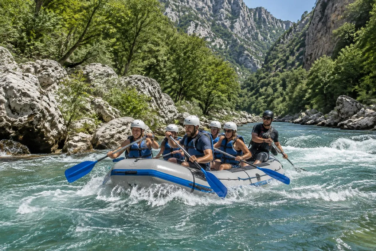 AI-generated illustration inspired by rafting on the Cetina River near Omiš, Croatia: helmeted paddlers in life jackets in an inflatable raft on emerald water through a wooded limestone canyon