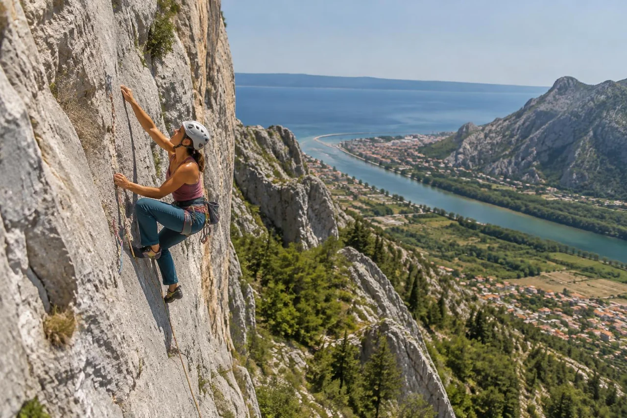 AI-generated illustration: Roped helmeted climber on pale limestone with a Cetina valley and Adriatic backdrop evoking Omiš
