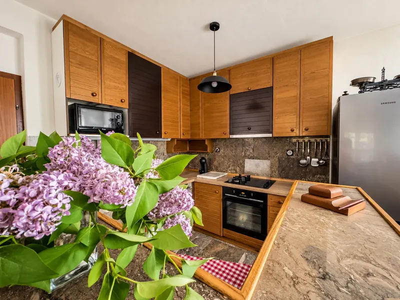 Kitchen with flowers on the counter