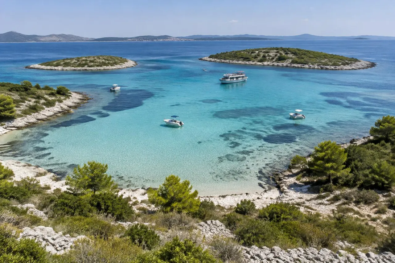 AI-generated illustration inspired by the Krknjaši Blue Lagoon at Drvenik Veli, Croatia: a shallow turquoise lagoon between low pine-covered islets with anchored boats