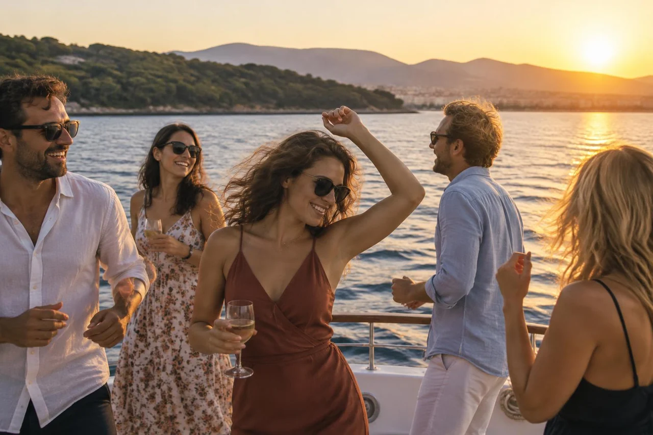 AI-generated illustration: Adults socialising on a boat deck at sunset with a Split-area Marjan and Dalmatian hills backdrop