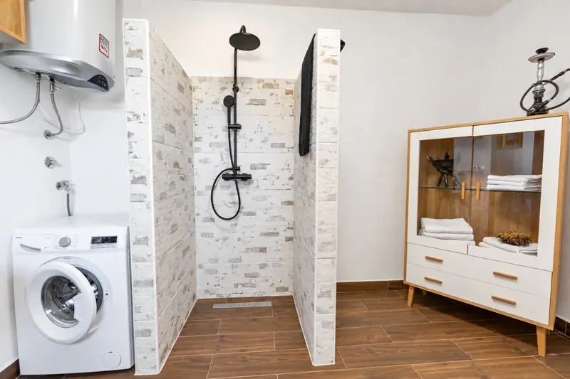 Walk-in shower and bathroom storage