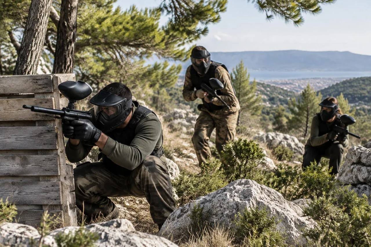 AI-generated illustration: Masked paintball participants among Mediterranean pines and karst in an imagined Mravince-area setting, not a specific venue